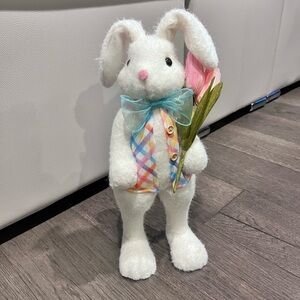 White Easter Bunny with Pastel Plaid Vest and Pink Tulip